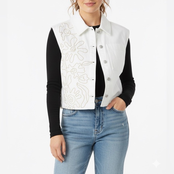 NWT Good American Embroidered Floral Denim Button Front Vest White Sample 4 - Picture 1 of 10